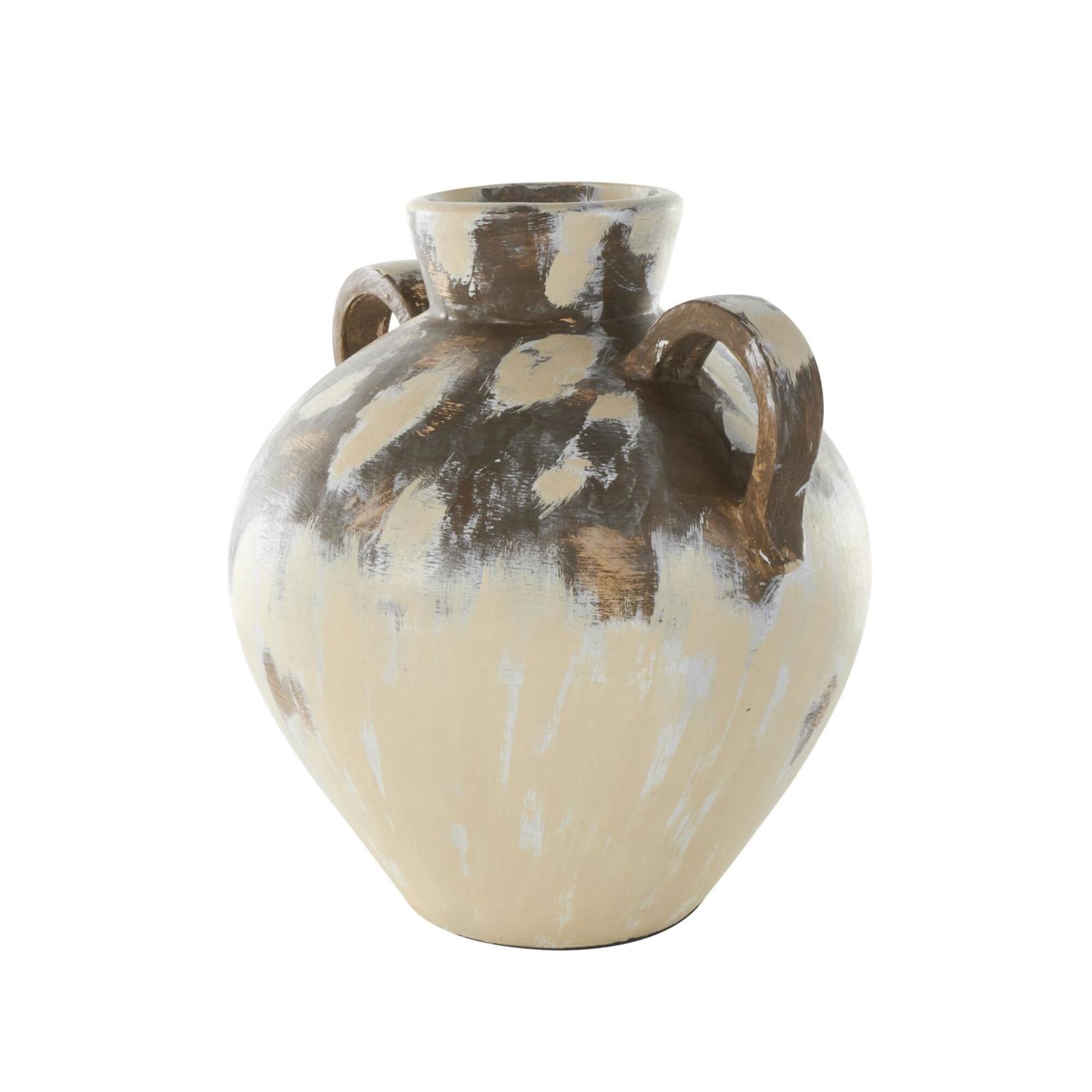 16" Cream Ceramic Antique Style Pot Vase with Arched Handles